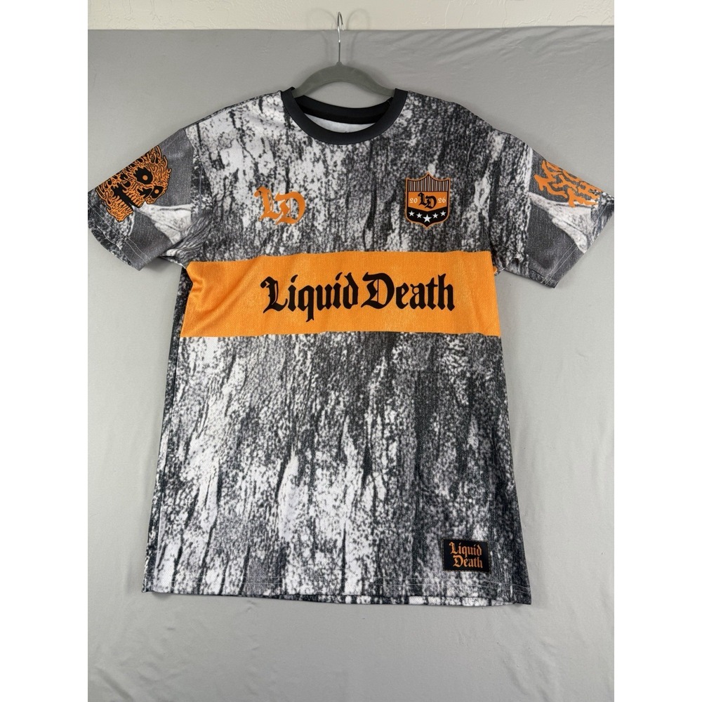 Liquid Death grey orange soccer jersey style ss tee, men's medium